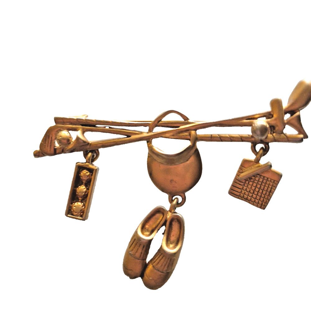 Vintage Signed Danecraft Golf Themed Charm Brooch Pin Gold Tone 2.5 Inches Long